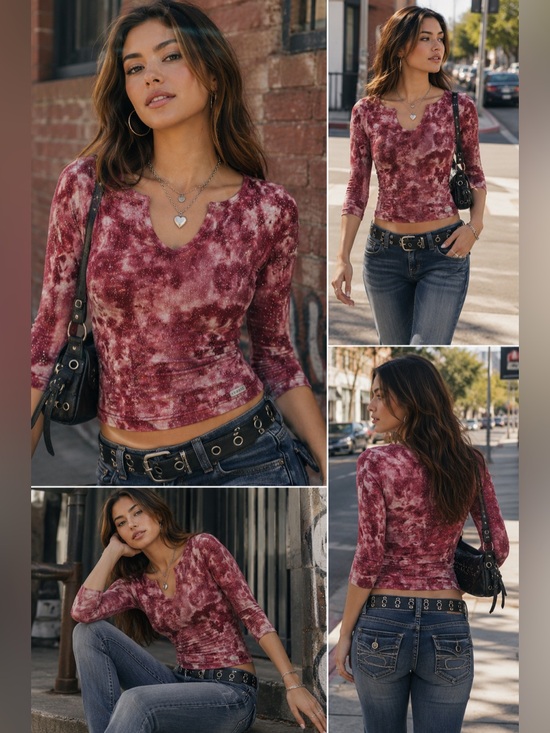 Guess Tops - GUESS Glitter Tie-Dye Top |Fitted Shirt | Red Marble Wash Sparkle Glitter Thread